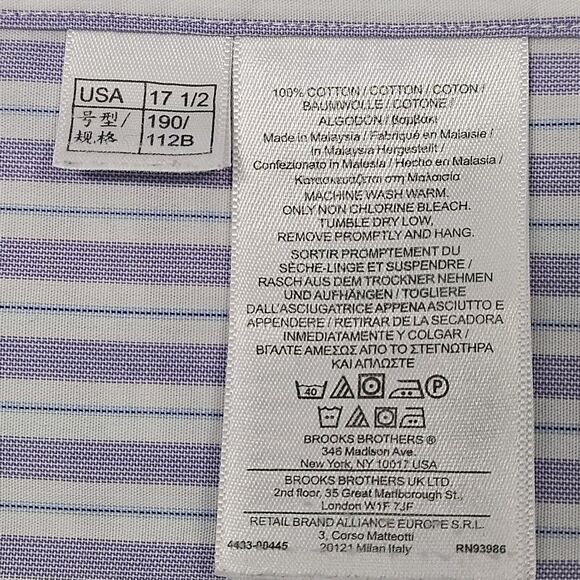 Brooks Brothers Non Iron L/S Shirt American Supima Cotton Lavender Striped - Picture 8 of 8